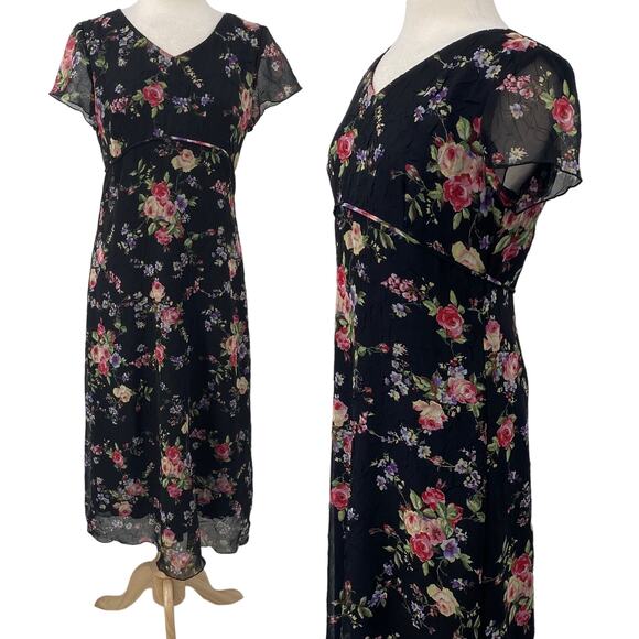 Vintage 90s Floral Print Midi Dress Crepe Empire Tie Waist V Neck Black Pink M - Picture 1 of 9